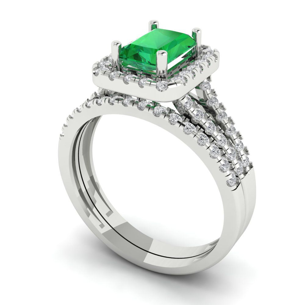 1.72 cttw Emerald Cut Simulated Emerald Bridal Set - Solid White Gold Engagement Ring & Wedding Band