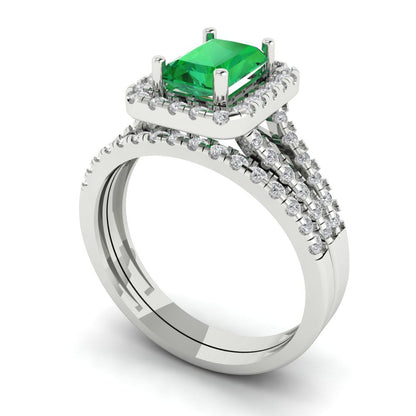 1.72 cttw Emerald Cut Simulated Emerald Bridal Set - Solid White Gold Engagement Ring & Wedding Band