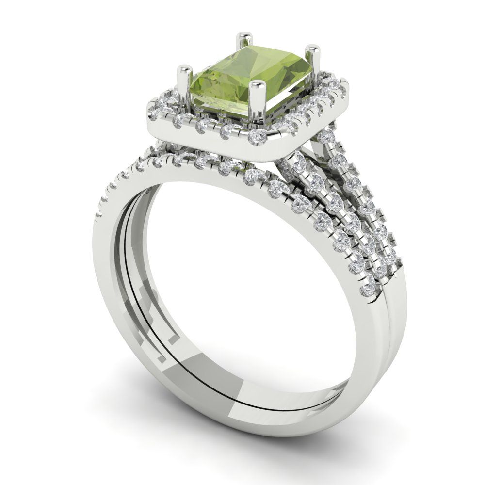 1.72 cttw Emerald Cut Natural Peridot Bridal Set - Solid White Gold Engagement Ring & Wedding Band