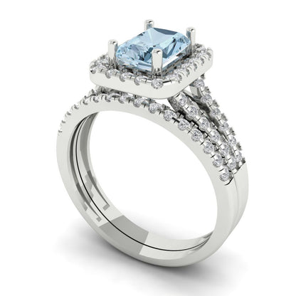 1.72 cttw Emerald Cut Natural Swiss Blue Topaz Bridal Set - Solid White Gold Engagement Ring & Wedding Band