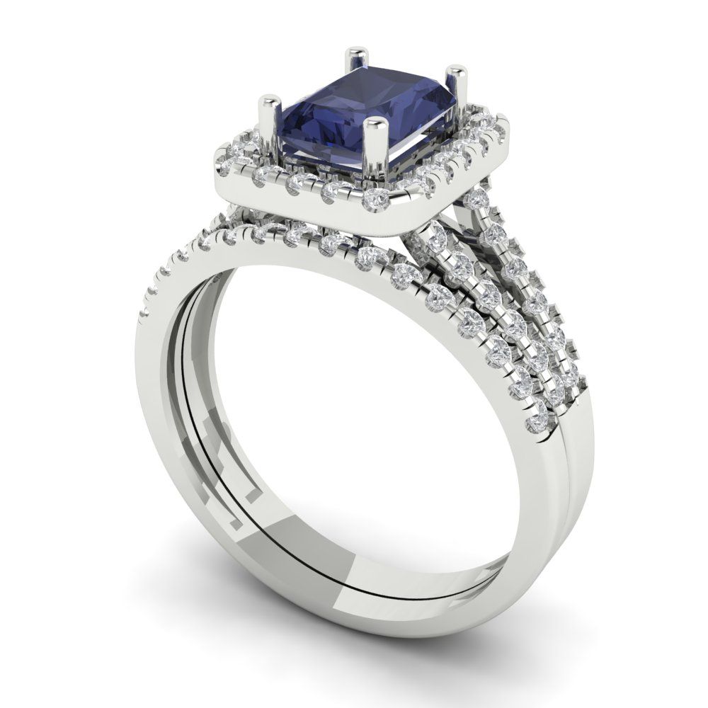 1.72 cttw Emerald Cut Simulated Blue Sapphire Bridal Set - Solid White Gold Engagement Ring & Wedding Band