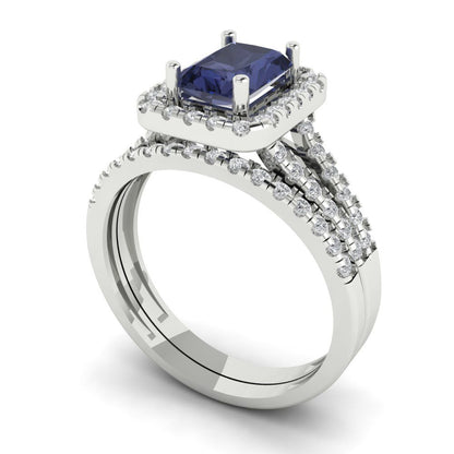 1.72 cttw Emerald Cut Simulated Blue Sapphire Bridal Set - Solid White Gold Engagement Ring & Wedding Band