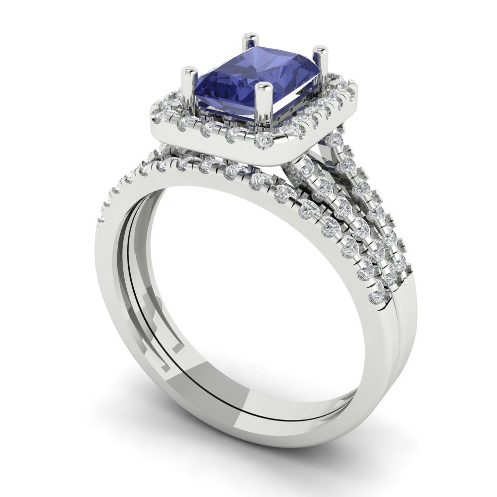 1.72 cttw Emerald Cut Simulated Tanzanite Bridal Set - Solid White Gold Engagement Ring & Wedding Band