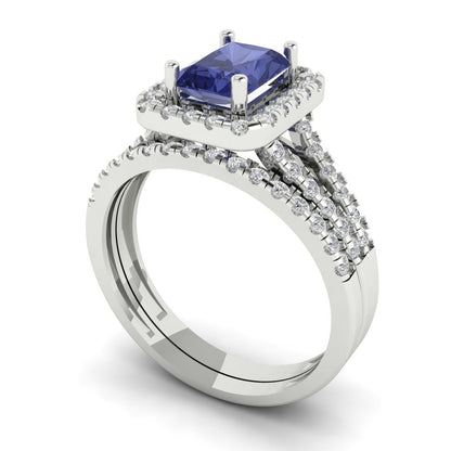1.72 cttw Emerald Cut Simulated Tanzanite Bridal Set - Solid White Gold Engagement Ring & Wedding Band