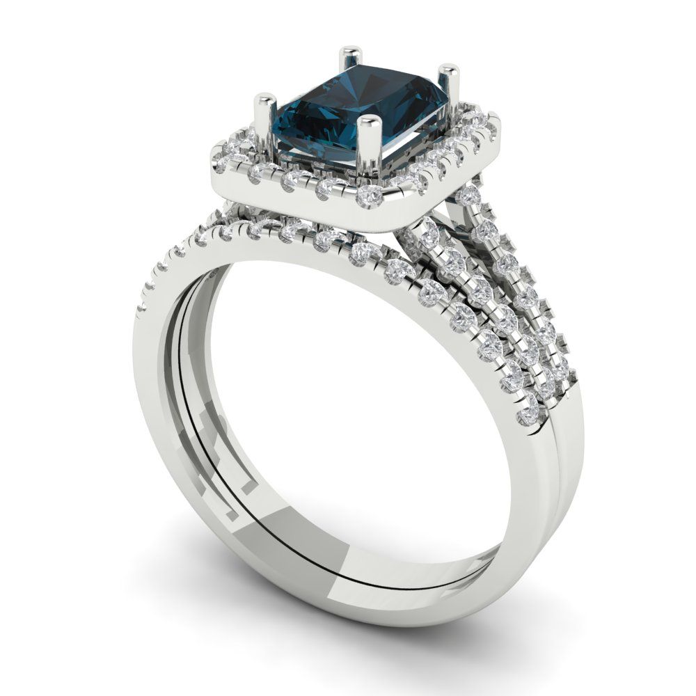 1.72 cttw Emerald Cut Natural London Blue Topaz Bridal Set - Solid White Gold Engagement Ring & Wedding Band