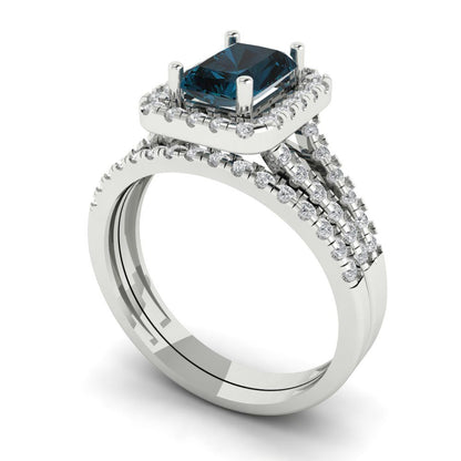 1.72 cttw Emerald Cut Natural London Blue Topaz Bridal Set - Solid White Gold Engagement Ring & Wedding Band