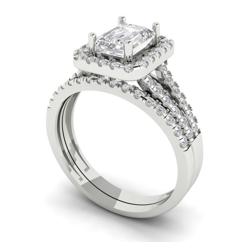 1.72 cttw Emerald Cut Zirconia Simulated Diamond Bridal Set - Solid White Gold Engagement Ring & Wedding Band