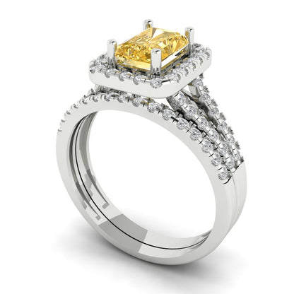 1.72 cttw Emerald Cut Simulated Yellow Diamond Bridal Set - Solid White Gold Engagement Ring & Wedding Band