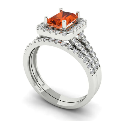 1.72 cttw Emerald Cut Simulated Red Diamond Bridal Set - Solid White Gold Engagement Ring & Wedding Band