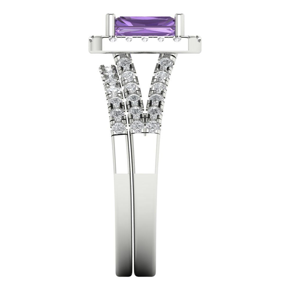 1.72 cttw Emerald Cut Simulated Alexandrite Bridal Set - Solid White Gold Engagement Ring & Wedding Band