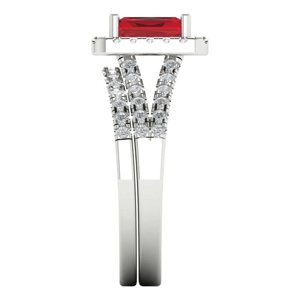 1.72 cttw Emerald Cut Simulated Pink Tourmaline Bridal Set - Solid White Gold Engagement Ring & Wedding Band