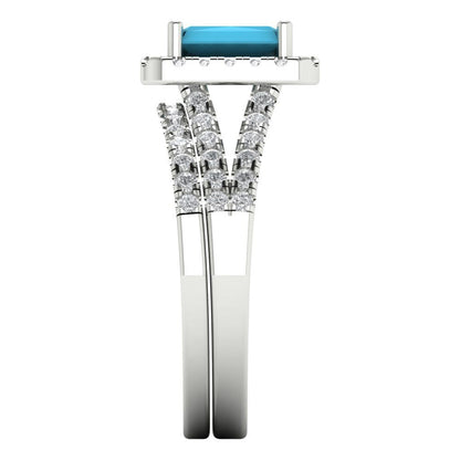 1.72 cttw Emerald Cut Simulated Turquoise Bridal Set - Solid White Gold Engagement Ring & Wedding Band