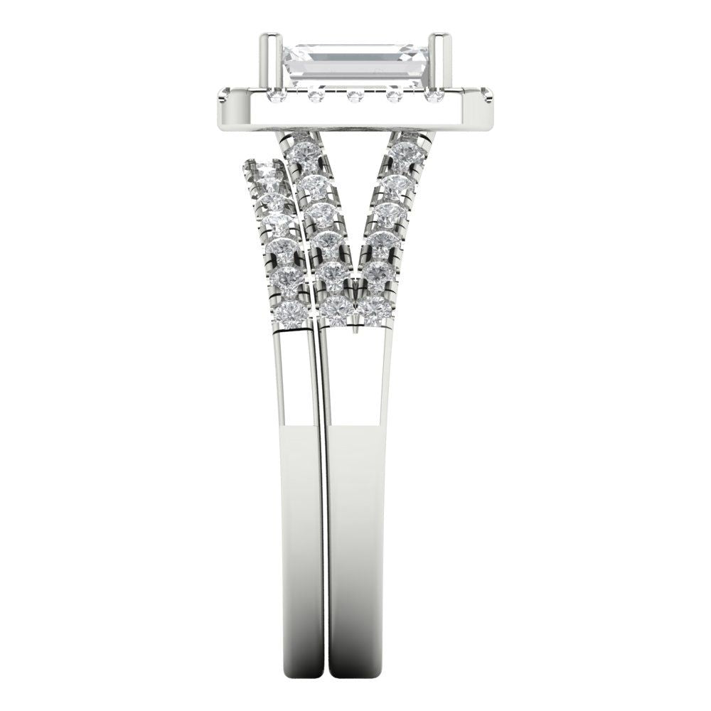 1.57ct Brilliant Emerald Cut Natural Diamond Stone Clarity VS1-2 Color G-H White Gold Halo Solitaire with Accents Bridal Set