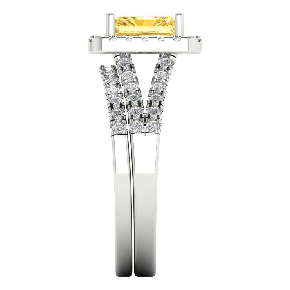 1.72 cttw Emerald Cut Natural Citrine Bridal Set - Solid White Gold Engagement Ring & Wedding Band