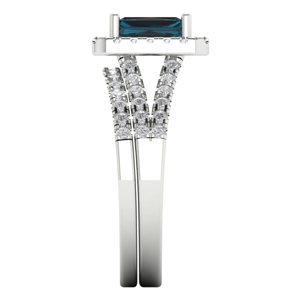 1.72 cttw Emerald Cut Natural London Blue Topaz Bridal Set - Solid White Gold Engagement Ring & Wedding Band