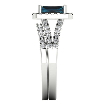 1.72 cttw Emerald Cut Natural London Blue Topaz Bridal Set - Solid White Gold Engagement Ring & Wedding Band