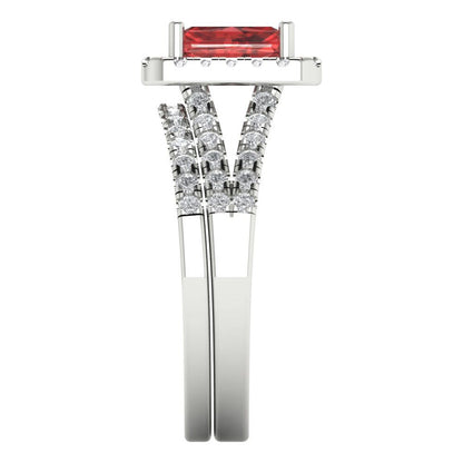 1.72 cttw Emerald Cut Natural Garnet Bridal Set - Solid White Gold Engagement Ring & Wedding Band