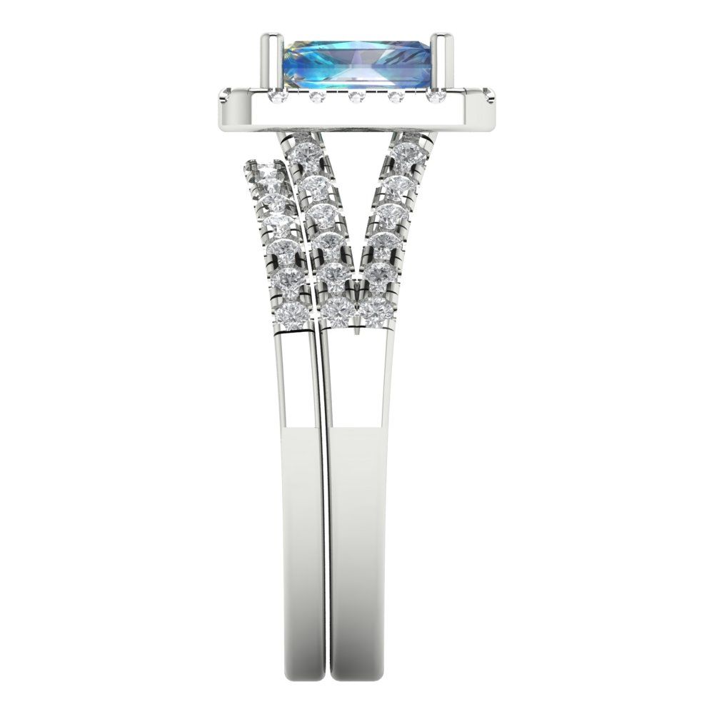 1.72 cttw Emerald Cut Blue Moissanite Bridal Set - Solid White Gold Engagement Ring & Wedding Band