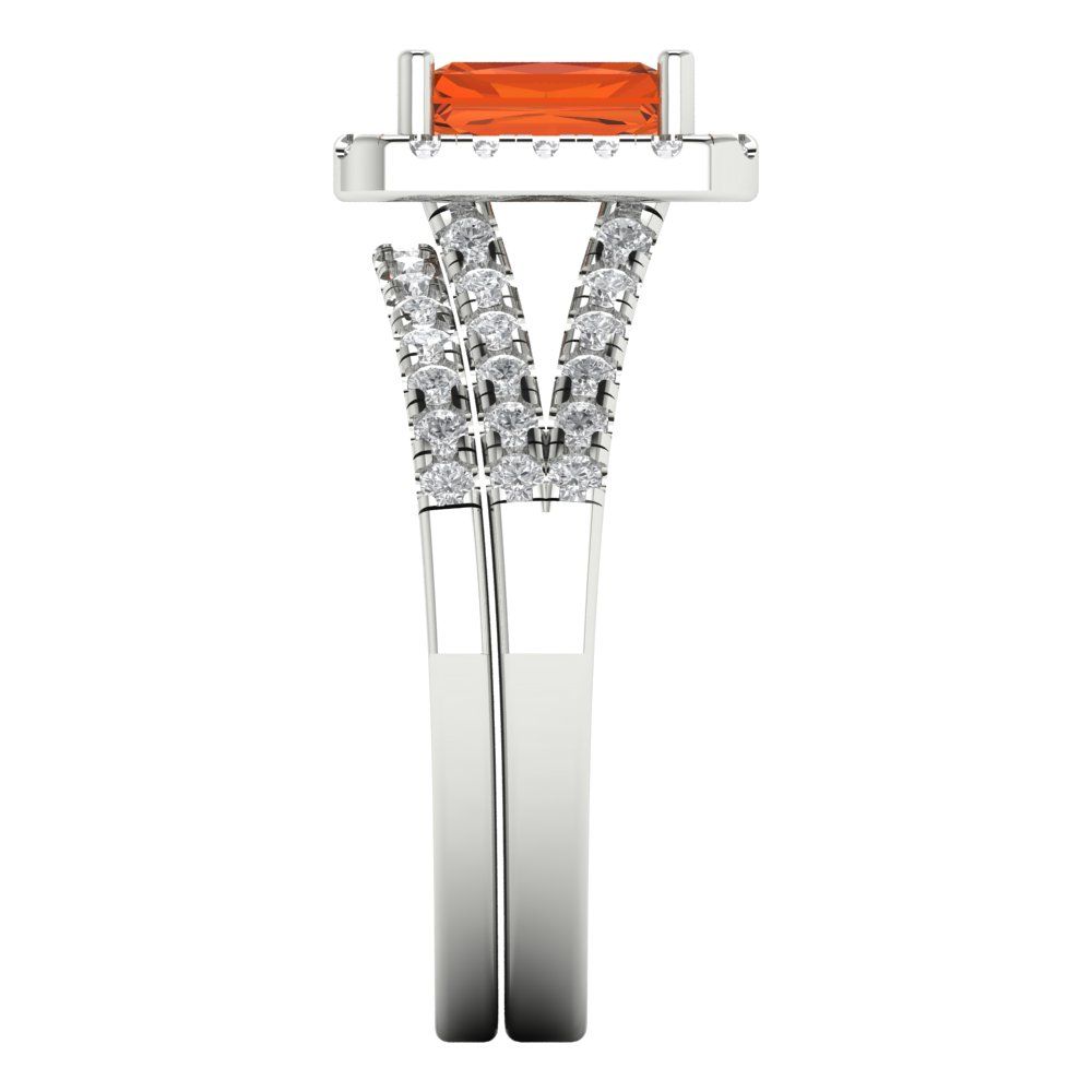 1.72 cttw Emerald Cut Simulated Red Diamond Bridal Set - Solid White Gold Engagement Ring & Wedding Band