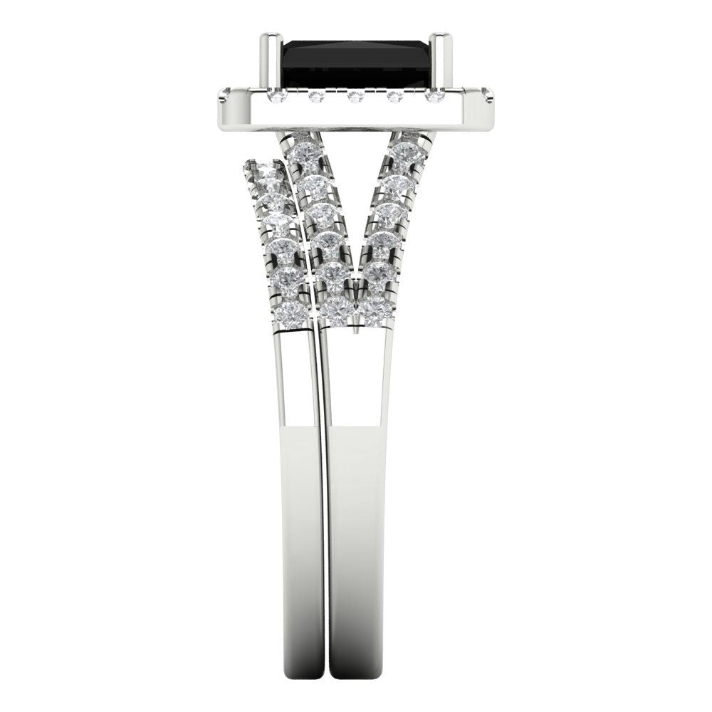 1.72 cttw Emerald Cut Natural Onyx Bridal Set - Solid White Gold Engagement Ring & Wedding Band