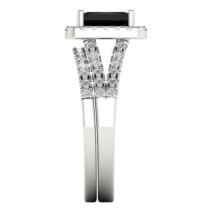 1.72 cttw Emerald Cut Natural Onyx Bridal Set - Solid White Gold Engagement Ring & Wedding Band