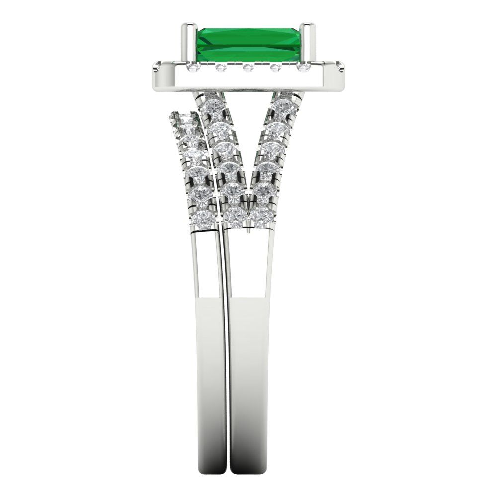1.72 cttw Emerald Cut Simulated Emerald Bridal Set - Solid White Gold Engagement Ring & Wedding Band