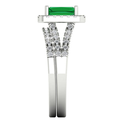 1.72 cttw Emerald Cut Simulated Emerald Bridal Set - Solid White Gold Engagement Ring & Wedding Band
