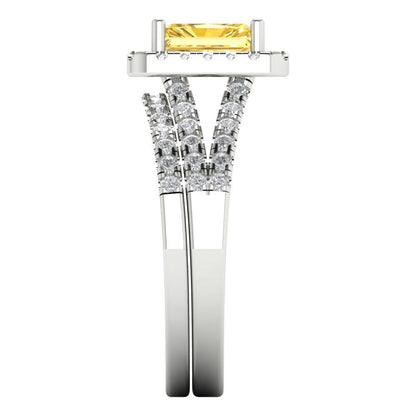 1.72 cttw Emerald Cut Simulated Yellow Diamond Bridal Set - Solid White Gold Engagement Ring & Wedding Band