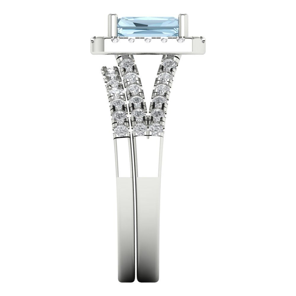 1.72 cttw Emerald Cut Natural Swiss Blue Topaz Bridal Set - Solid White Gold Engagement Ring & Wedding Band