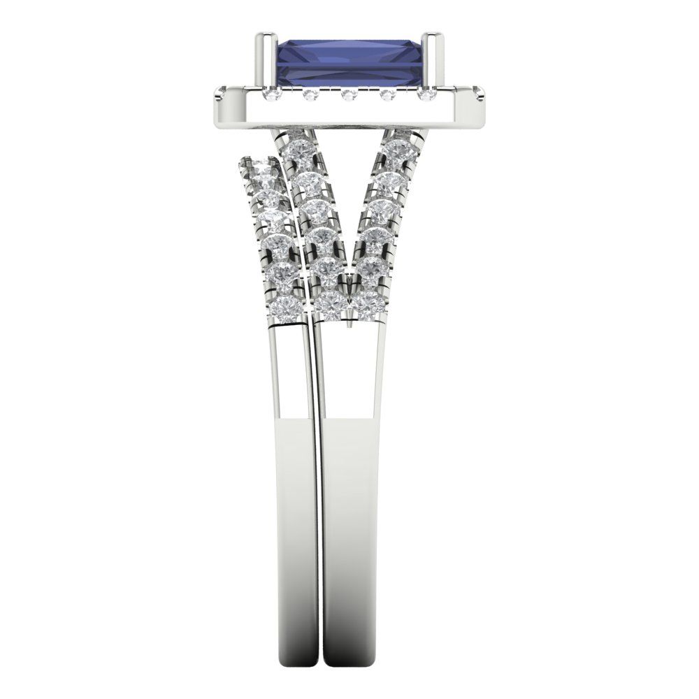 1.72 cttw Emerald Cut Simulated Blue Sapphire Bridal Set - Solid White Gold Engagement Ring & Wedding Band