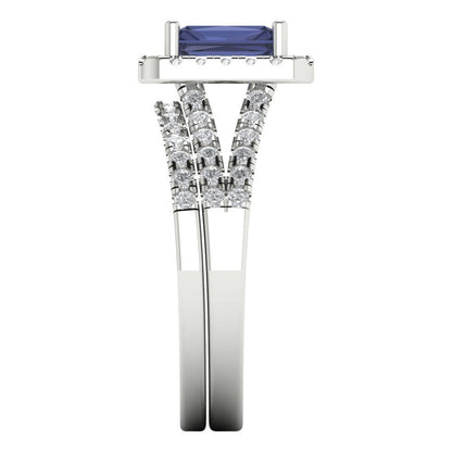 1.72 cttw Emerald Cut Simulated Blue Sapphire Bridal Set - Solid White Gold Engagement Ring & Wedding Band