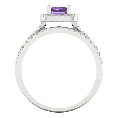 1.72 cttw Emerald Cut Simulated Alexandrite Bridal Set - Solid White Gold Engagement Ring & Wedding Band