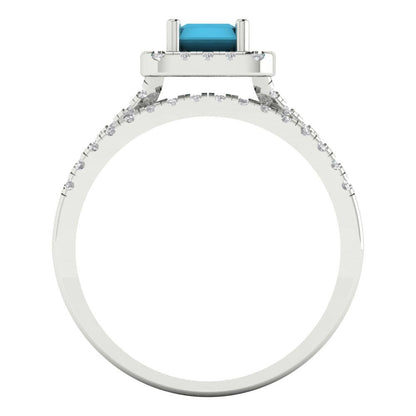 1.72 cttw Emerald Cut Simulated Turquoise Bridal Set - Solid White Gold Engagement Ring & Wedding Band