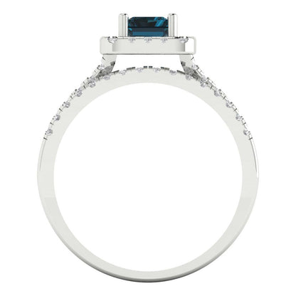 1.72 cttw Emerald Cut Natural London Blue Topaz Bridal Set - Solid White Gold Engagement Ring & Wedding Band