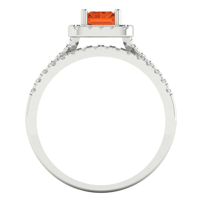 1.72 cttw Emerald Cut Simulated Ruby Bridal Set - Solid White Gold Engagement Ring & Wedding Band