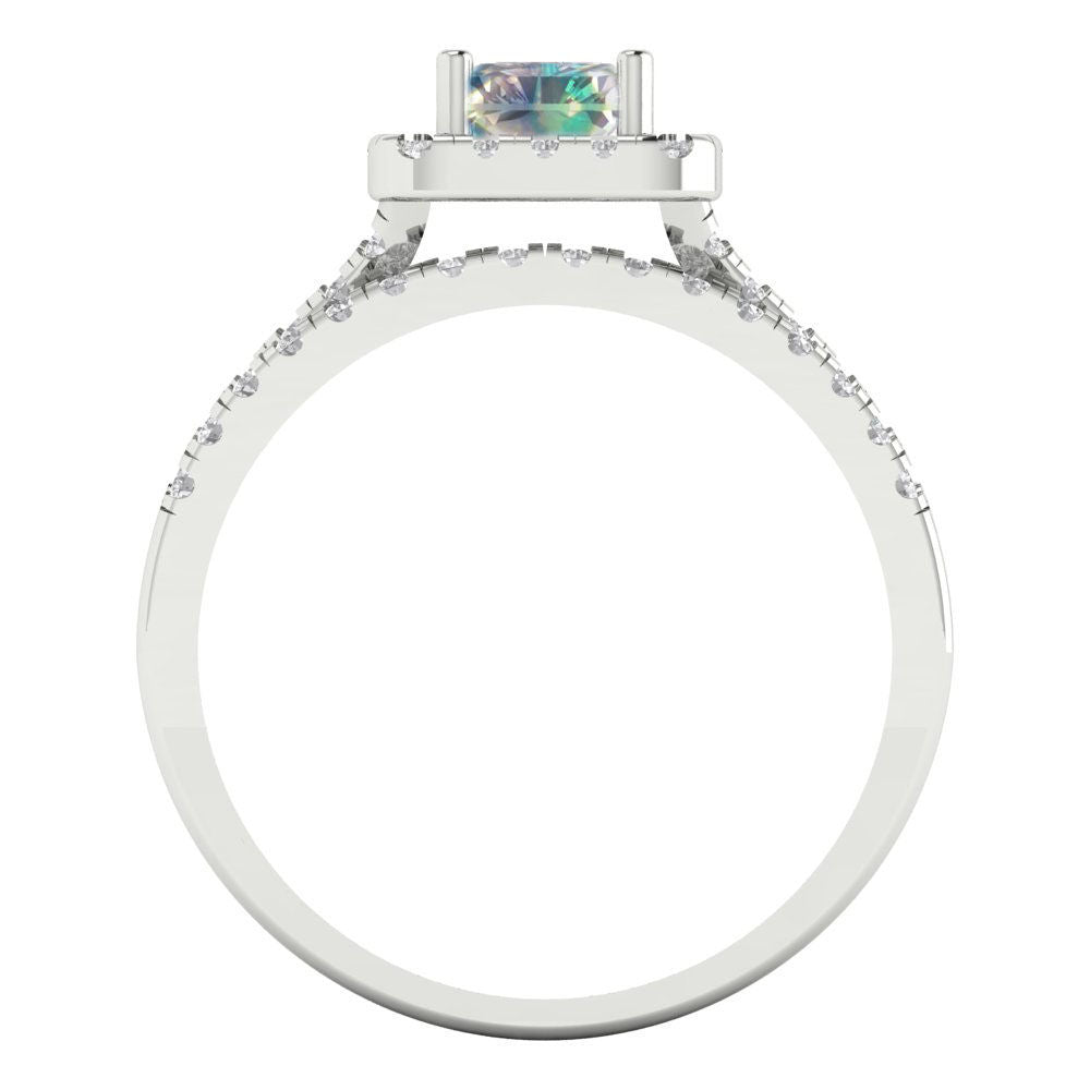 1.72 cttw Emerald Cut Blue Moissanite Bridal Set - Solid White Gold Engagement Ring & Wedding Band