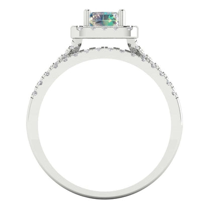 1.72 cttw Emerald Cut Blue Moissanite Bridal Set - Solid White Gold Engagement Ring & Wedding Band