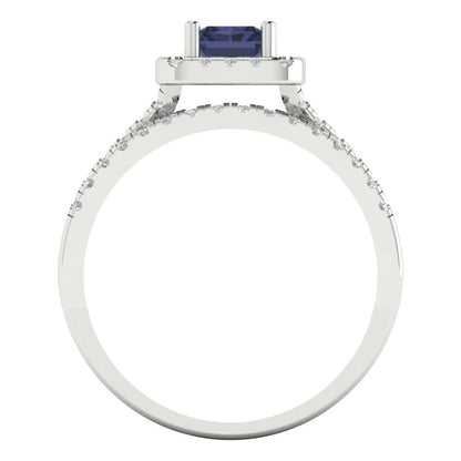 1.72 cttw Emerald Cut Simulated Blue Sapphire Bridal Set - Solid White Gold Engagement Ring & Wedding Band