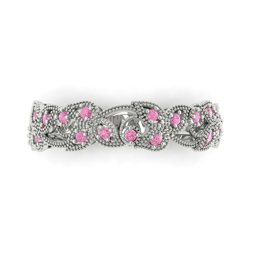 0.17 cttw Simulated Pink Diamond Round Cut White Gold Eternity Wedding Band