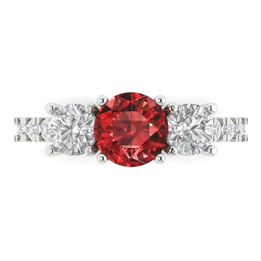 1.97 cttw Natural Garnet Three-Stone Engagement Ring - Solid White Gold (VVS1, Round Cut,6.5mm)