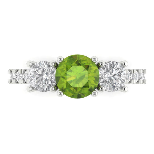 1.97 cttw Natural Peridot Three-Stone Engagement Ring - Solid White Gold (VVS1, Round Cut,6.5mm)