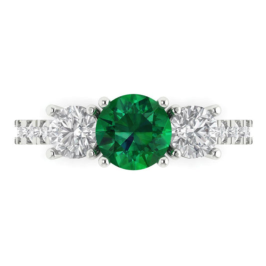 1.97 cttw Simulated Emerald Three-Stone Engagement Ring - Solid White Gold (VVS1, Round Cut,6.5mm)