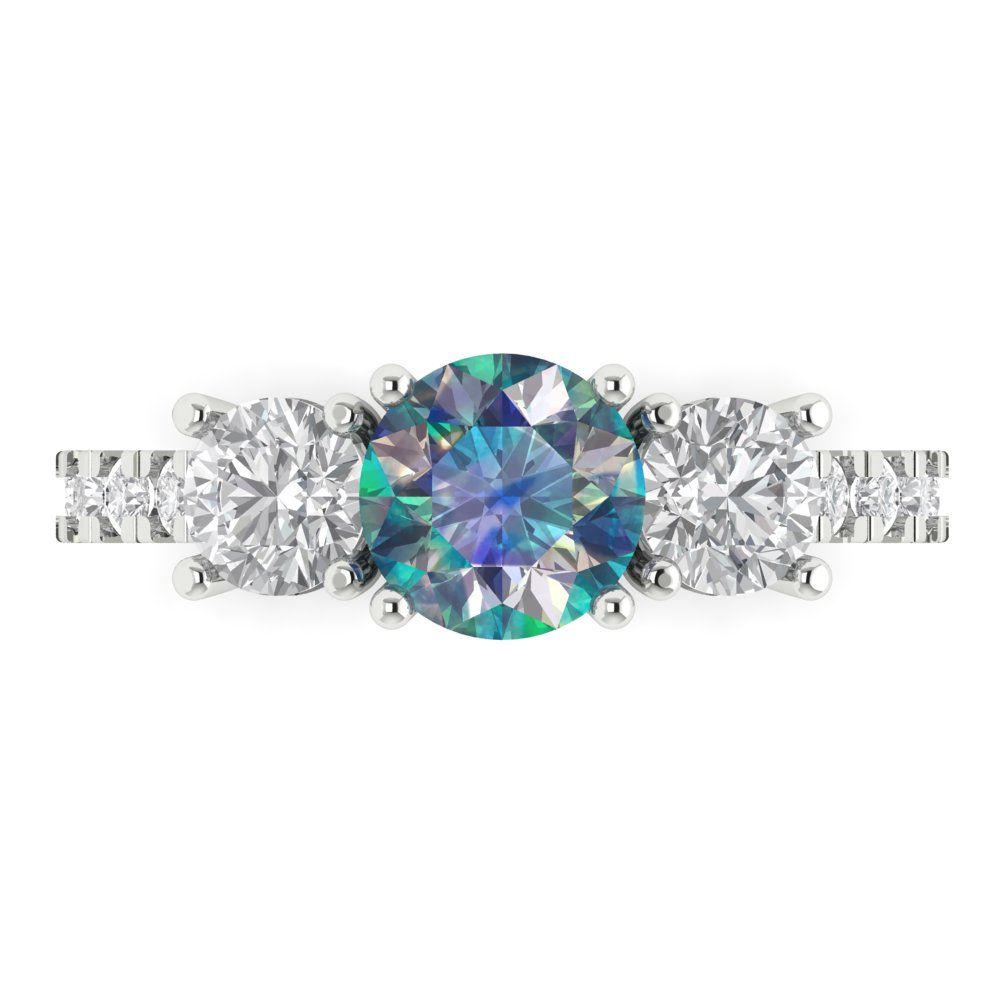 1.97 cttw Blue Moissanite Three-Stone Engagement Ring - Solid Gold (Round Cut,6.5mm)