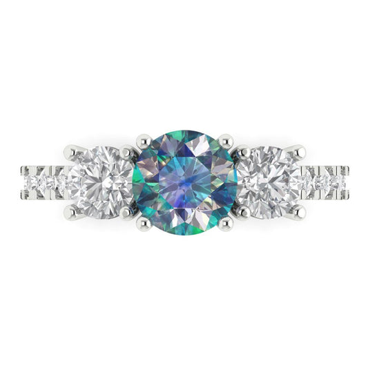 1.97 cttw Blue Moissanite Three-Stone Engagement Ring - Solid White Gold (VVS1, Round Cut,6.5mm)