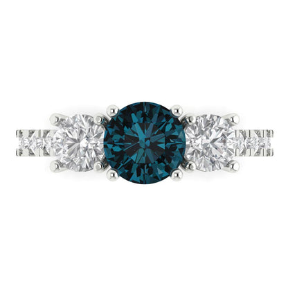 1.97 cttw Natural London Blue Topaz Three-Stone Engagement Ring - Solid Gold (Round Cut,6.5mm)