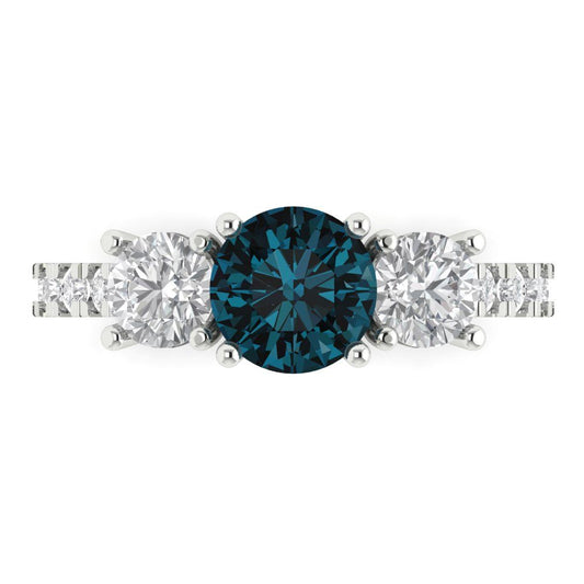 1.97 cttw Natural London Blue Topaz Three-Stone Engagement Ring - Solid White Gold (VVS1, Round Cut,6.5mm)