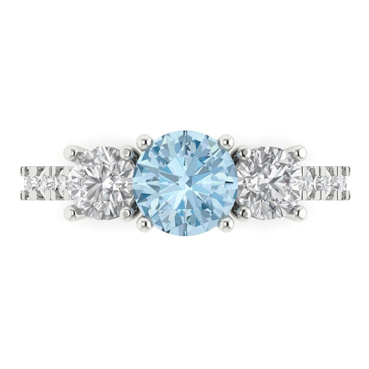 1.97 cttw Natural Sky Blue Topaz Three-Stone Engagement Ring - Solid White Gold (VVS1, Round Cut,6.5mm)
