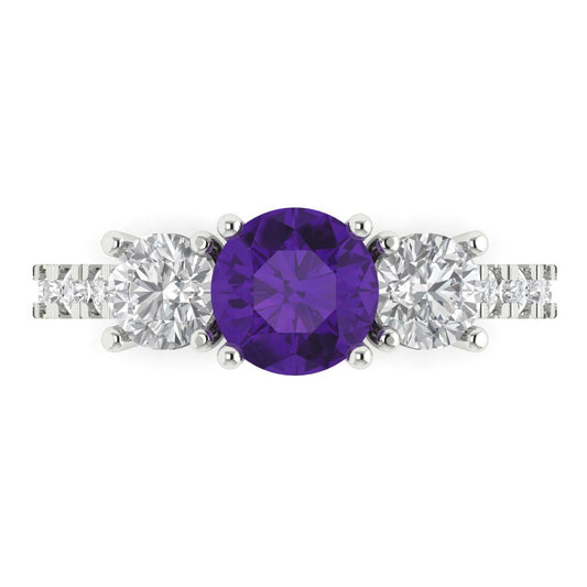 1.97 cttw Natural Amethyst Three-Stone Engagement Ring - Solid White Gold (VVS1, Round Cut,6.5mm)