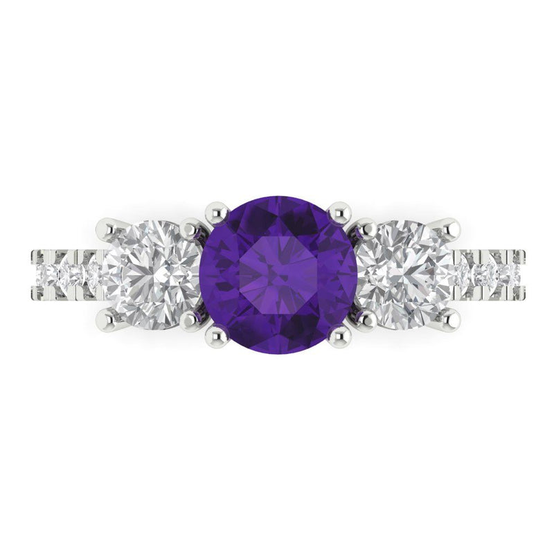 2 ct Brilliant Round Cut Natural Amethyst Stone White Gold Solitaire with Accents Three-Stone Ring