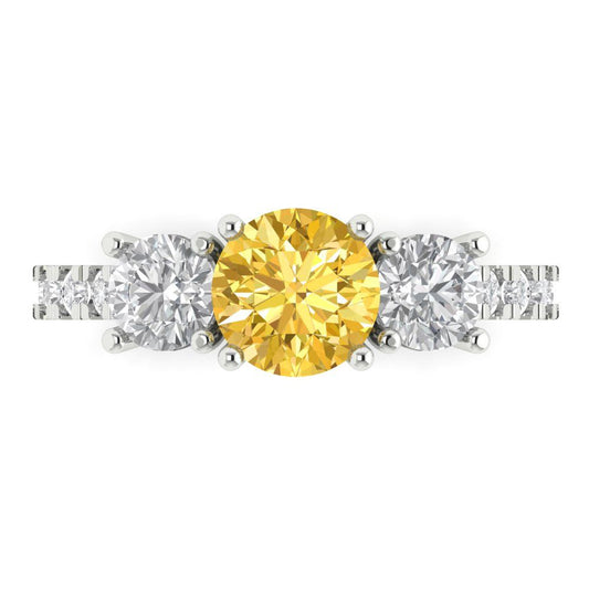 1.97 cttw Zirconia Simulated Yellow Diamond Three-Stone Engagement Ring - Solid White Gold (VVS1, Round Cut,6.5mm)
